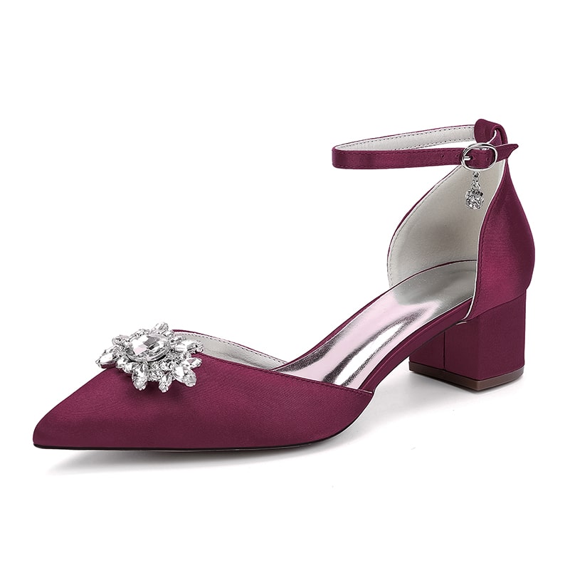 Wedding Shoes Satin Chunky Heel Crystal Detail Ankle Strap Dress Shoes