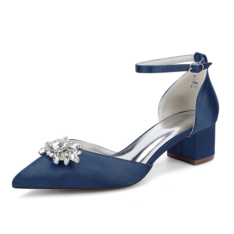 Wedding Shoes Satin Chunky Heel Crystal Detail Ankle Strap Dress Shoes