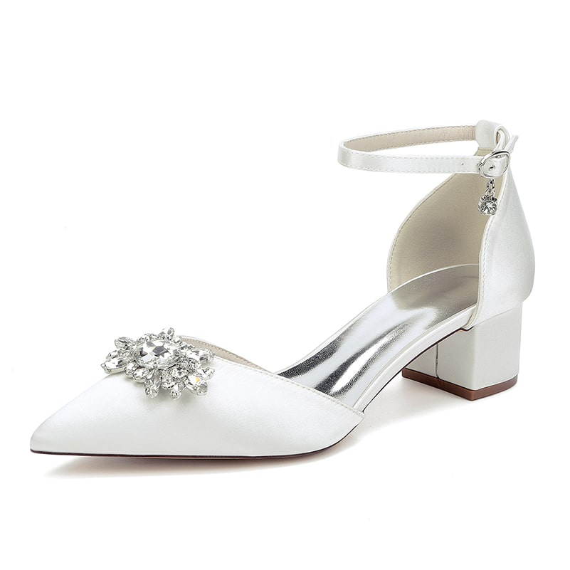 Wedding Shoes Satin Chunky Heel Crystal Detail Ankle Strap Dress Shoes