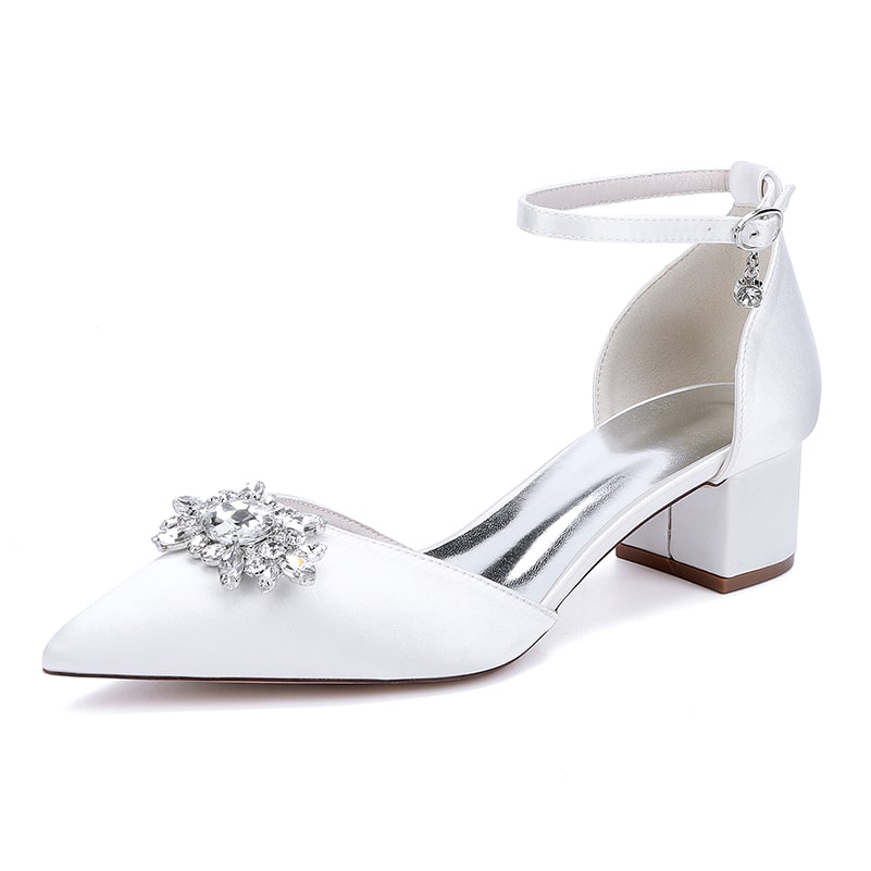 Wedding Shoes Satin Chunky Heel Crystal Detail Ankle Strap Dress Shoes