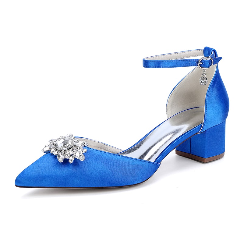 Wedding Shoes Satin Chunky Heel Crystal Detail Ankle Strap Dress Shoes