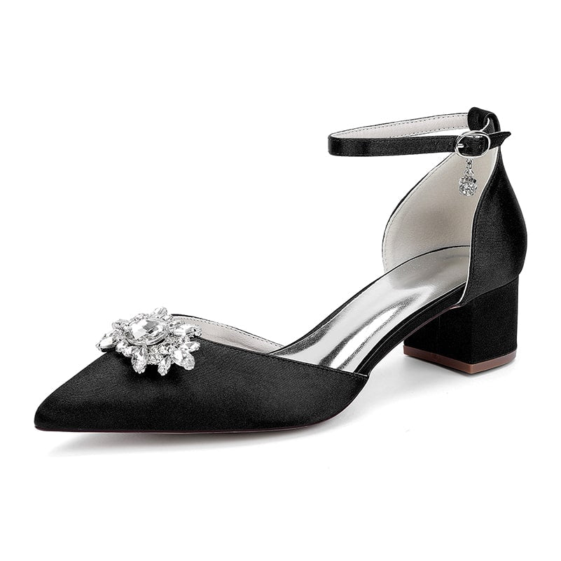 Wedding Shoes Satin Chunky Heel Crystal Detail Ankle Strap Dress Shoes