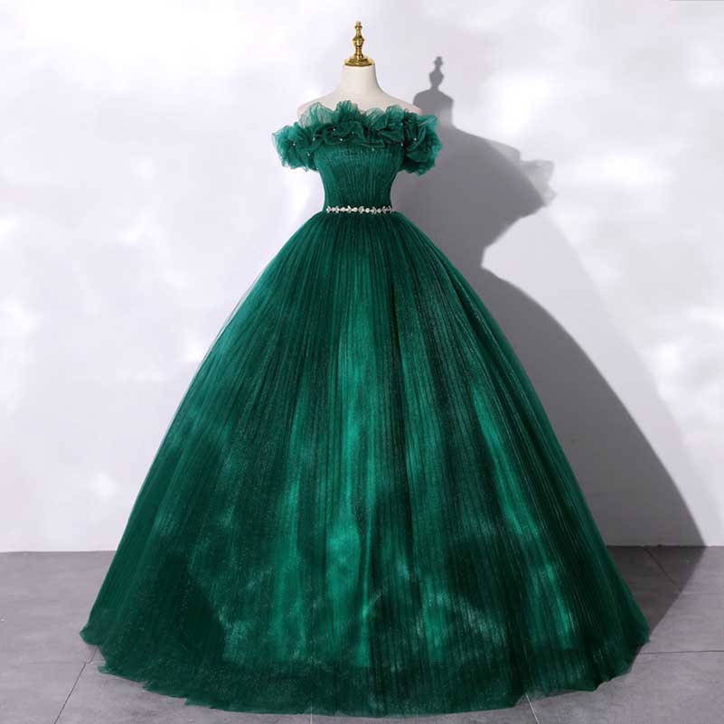 Custom Made Off-shoulder Emerald Green Ball Gown With Flowy Skirt