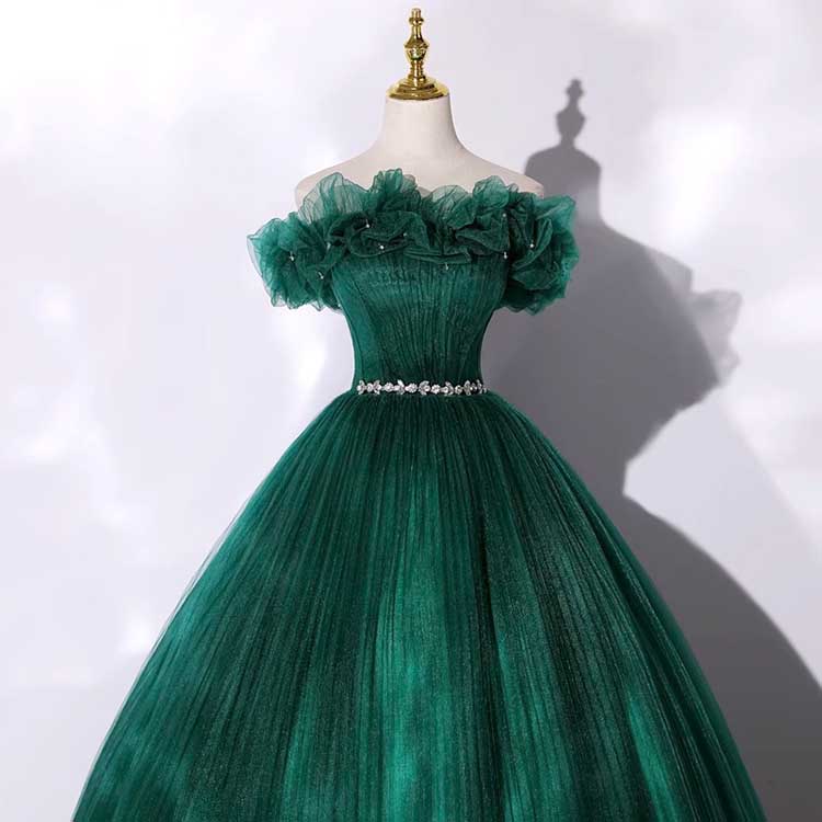 Custom Made Off-shoulder Emerald Green Ball Gown With Flowy Skirt