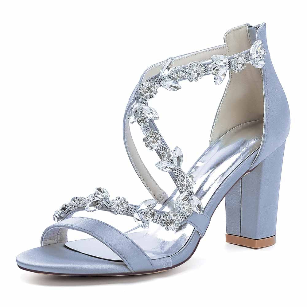 Dress Sandals Chunky Heel Open Toe Bridal Heels Crystal Crossing Straps Shoes