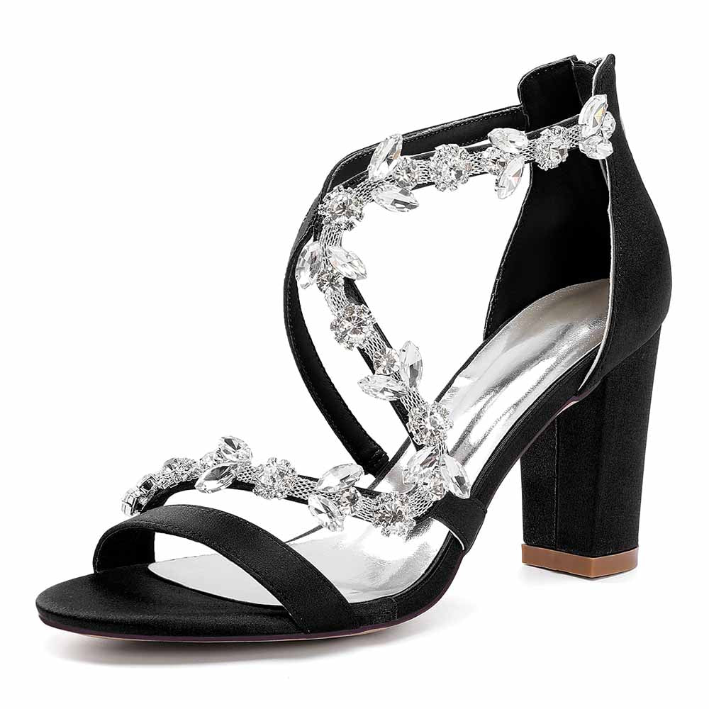 Dress Sandals Chunky Heel Open Toe Bridal Heels Crystal Crossing Straps Shoes