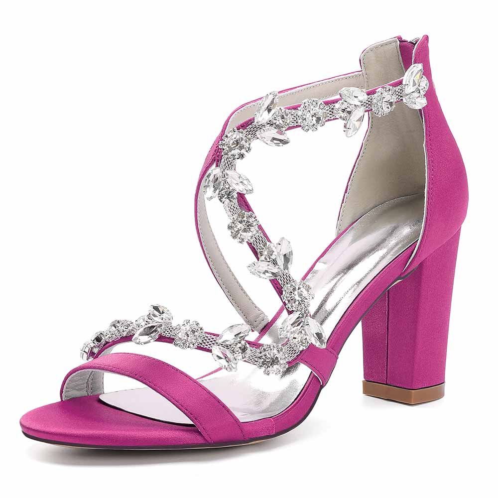 Dress Sandals Chunky Heel Open Toe Bridal Heels Crystal Crossing Straps Shoes