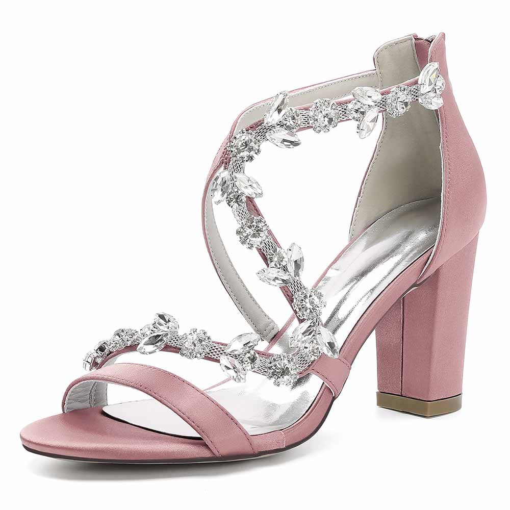 Dress Sandals Chunky Heel Open Toe Bridal Heels Crystal Crossing Straps Shoes
