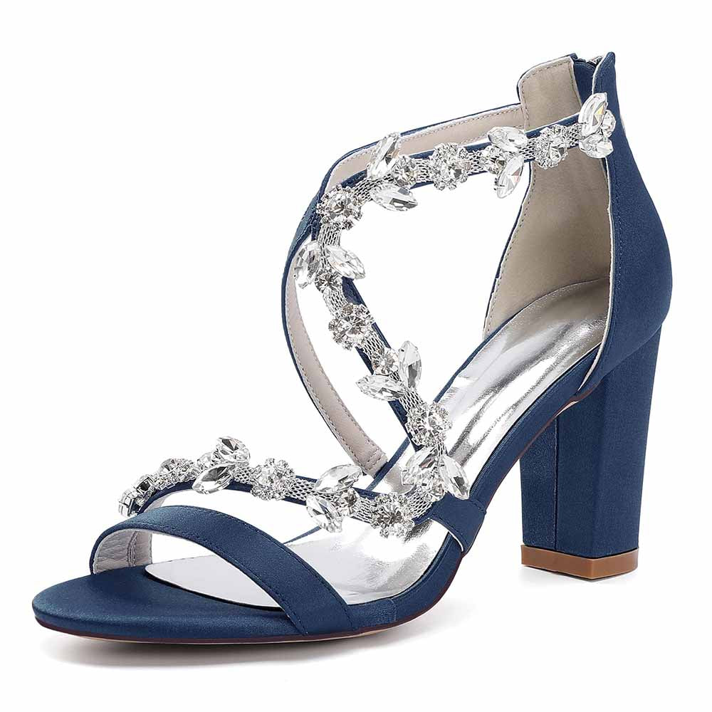 Dress Sandals Chunky Heel Open Toe Bridal Heels Crystal Crossing Straps Shoes