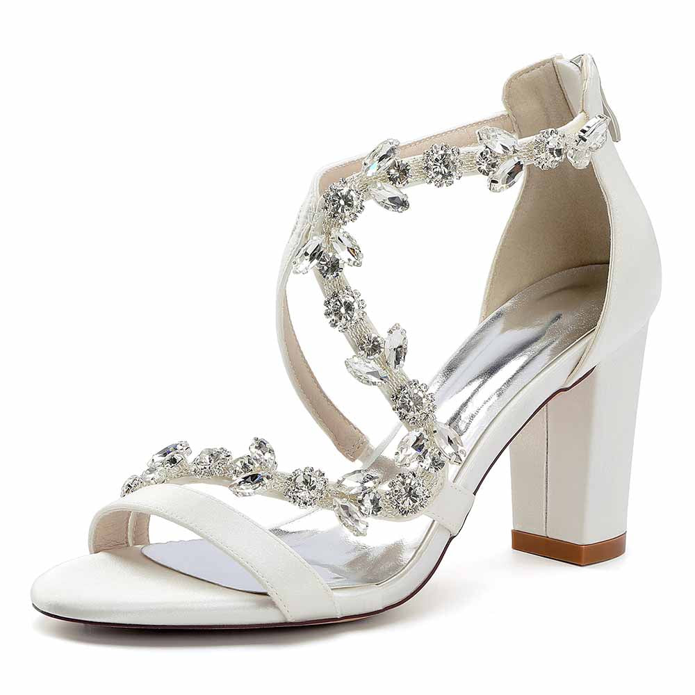 Dress Sandals Chunky Heel Open Toe Bridal Heels Crystal Crossing Straps Shoes