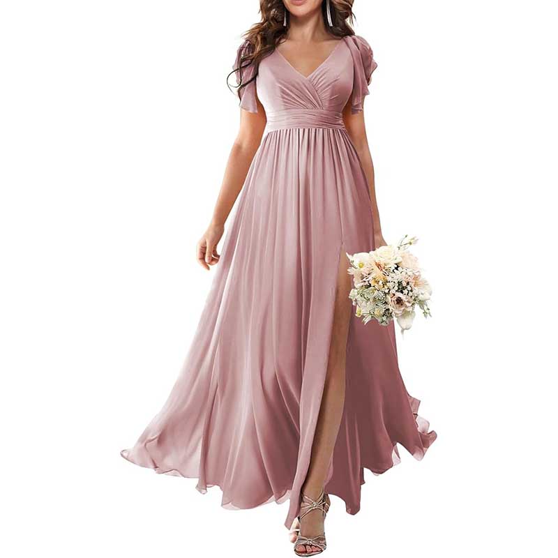 Elegant Custom V-Neck Bridesmaid Dress Long Chiffon, Side Split, Short Sleeves