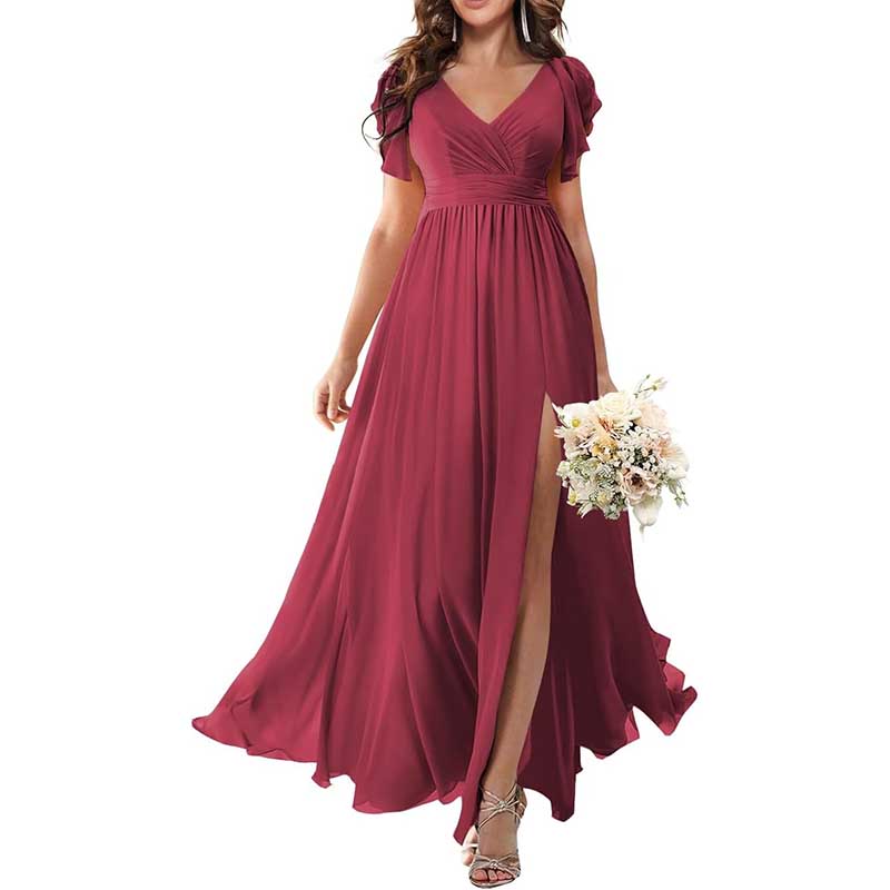 Elegant Custom V-Neck Bridesmaid Dress Long Chiffon, Side Split, Short Sleeves