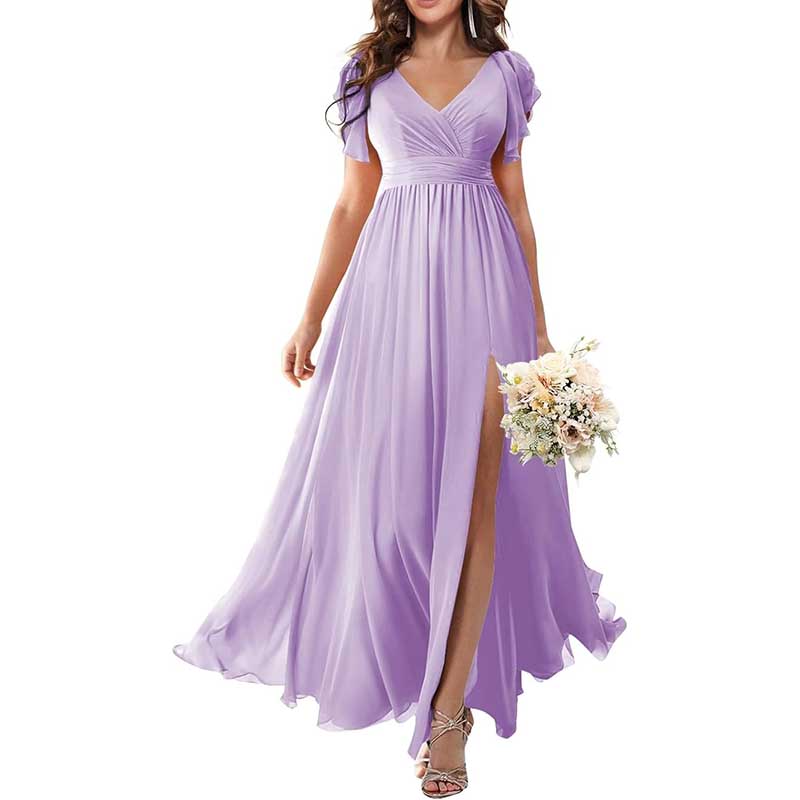 Elegant Custom V-Neck Bridesmaid Dress Long Chiffon, Side Split, Short Sleeves