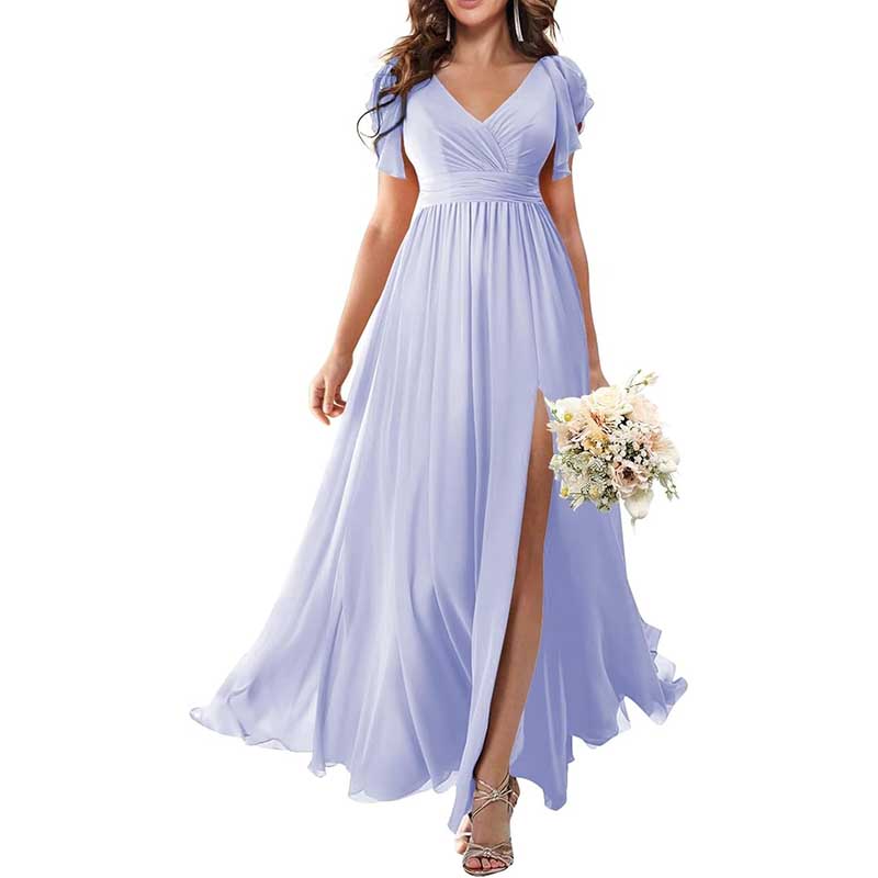 Elegant Custom V-Neck Bridesmaid Dress Long Chiffon, Side Split, Short Sleeves