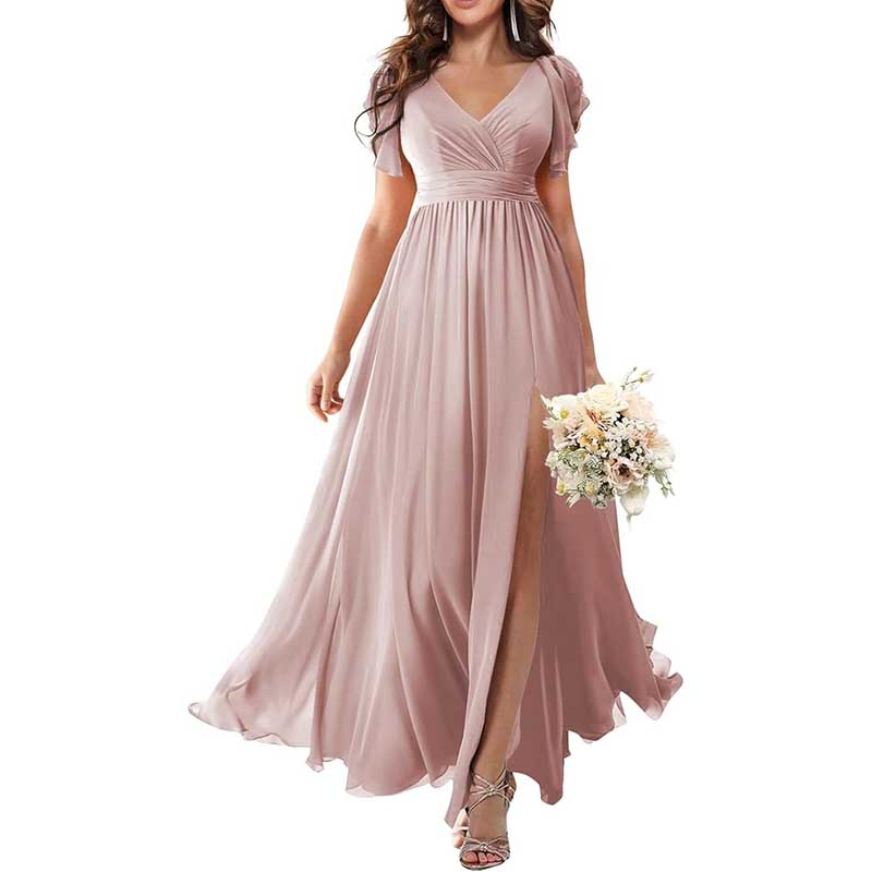 Elegant Custom V-Neck Bridesmaid Dress Long Chiffon, Side Split, Short Sleeves