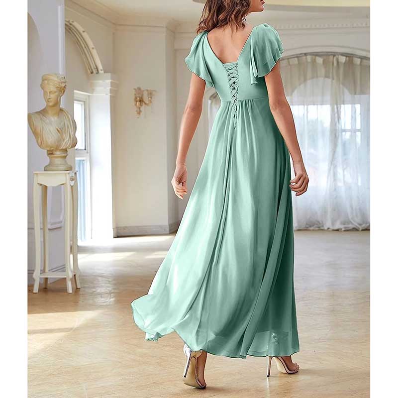 Elegant Custom V-Neck Bridesmaid Dress Long Chiffon, Side Split, Short Sleeves