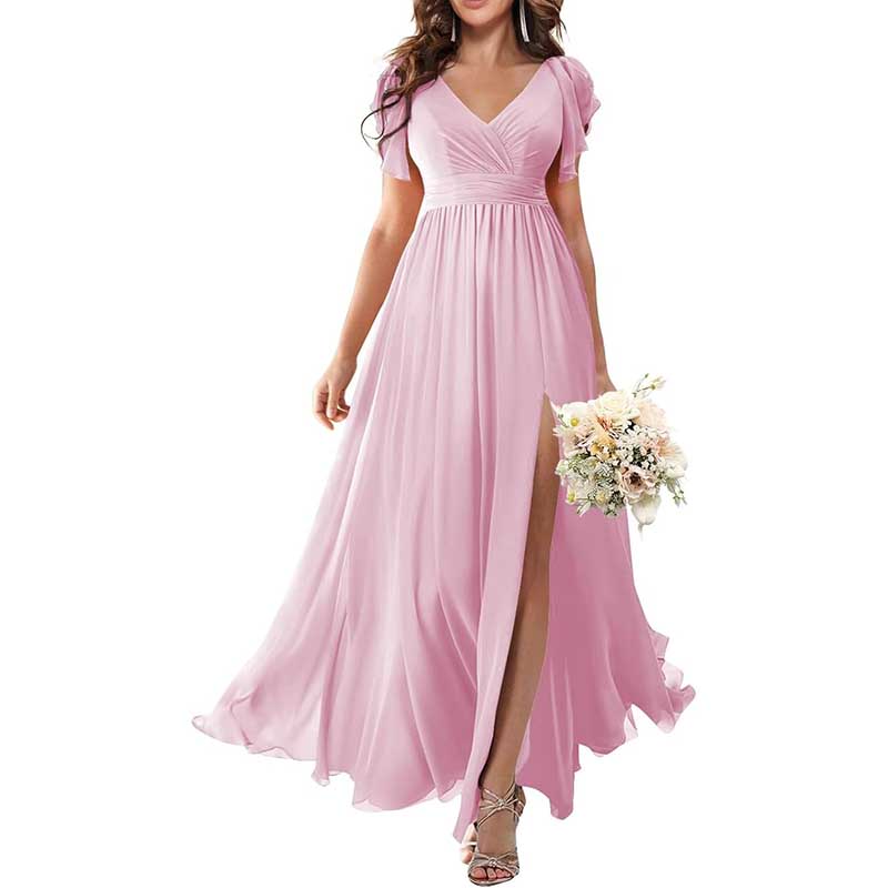Elegant Custom V-Neck Bridesmaid Dress Long Chiffon, Side Split, Short Sleeves