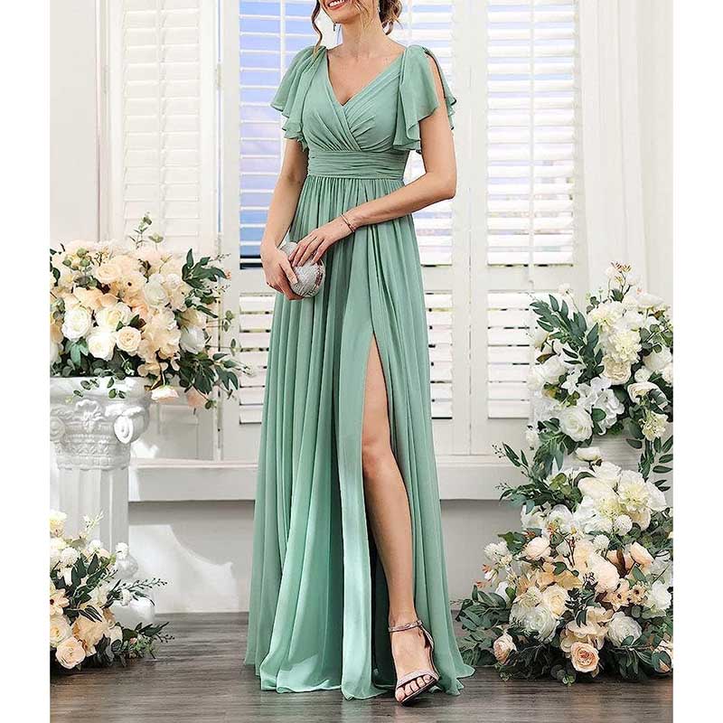 Elegant Custom V-Neck Bridesmaid Dress Long Chiffon, Side Split, Short Sleeves