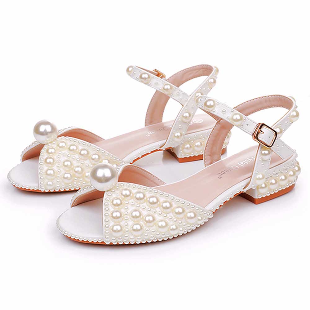 Flat Wedding Shoes Peep Toe Pearl Sandals