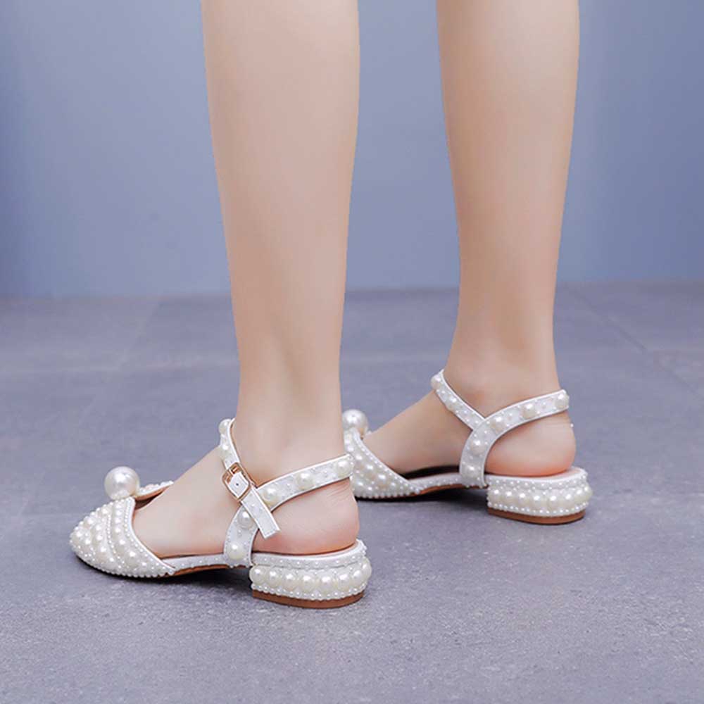 Flat Wedding Shoes Peep Toe Pearl Sandals