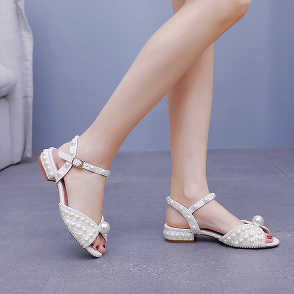 Flat Wedding Shoes Peep Toe Pearl Sandals