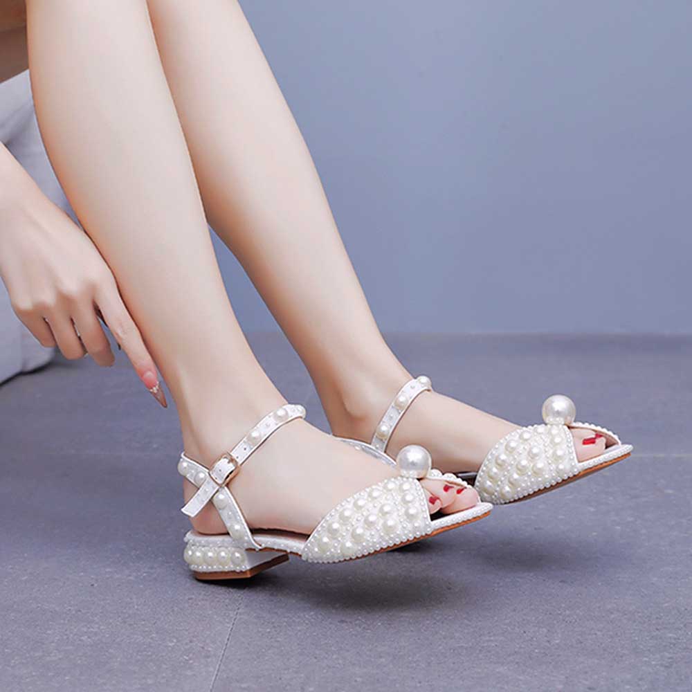Flat Wedding Shoes Peep Toe Pearl Sandals