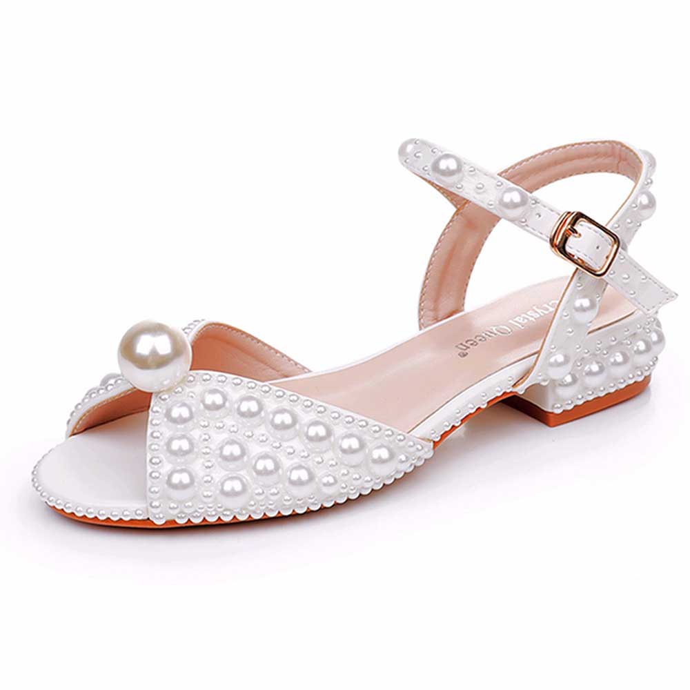 Flat Wedding Shoes Peep Toe Pearl Sandals
