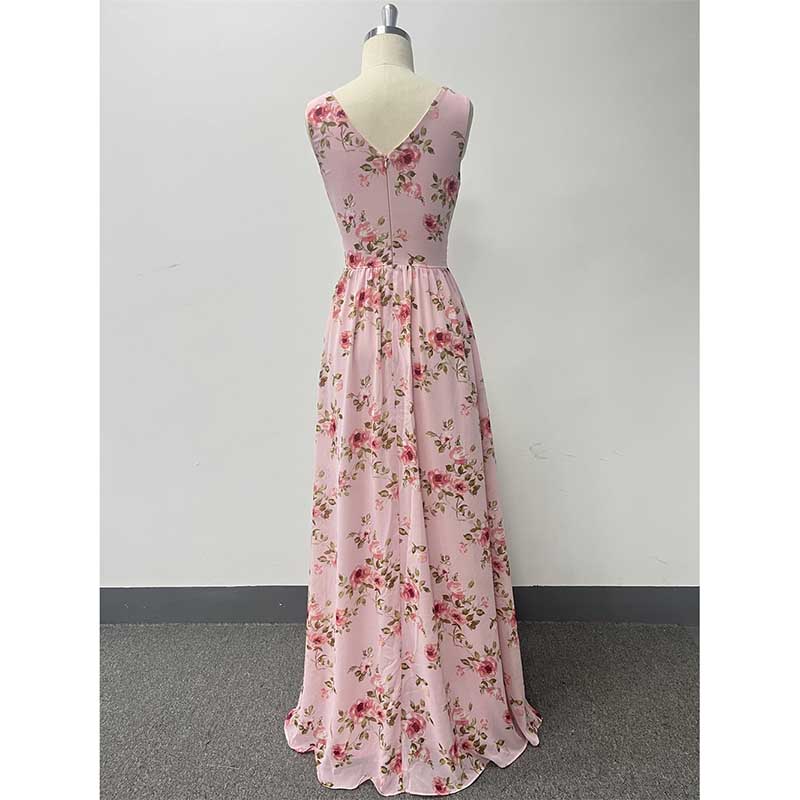 Floral Long Prom Dress High Split Pink Maxi Dress Chiffon A Line Dress