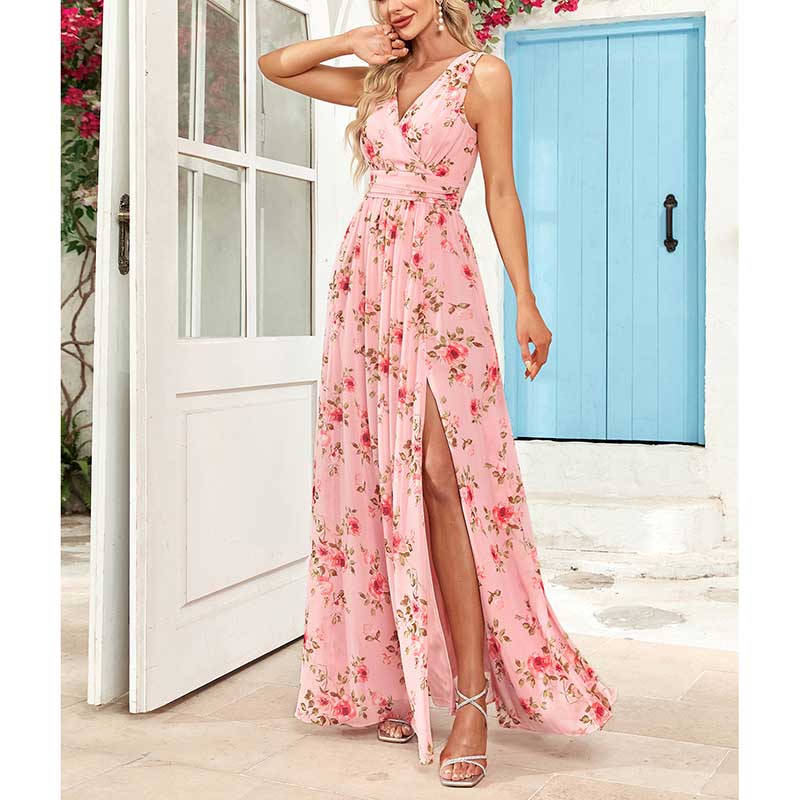 Floral Long Prom Dress High Split Pink Maxi Dress Chiffon A Line Dress