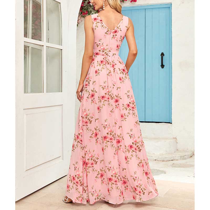 Floral Long Prom Dress High Split Pink Maxi Dress Chiffon A Line Dress