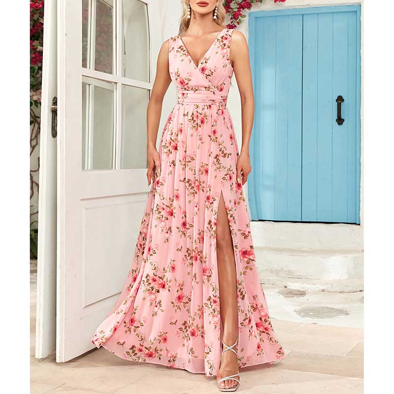 Floral Long Prom Dress High Split Pink Maxi Dress Chiffon A Line Dress