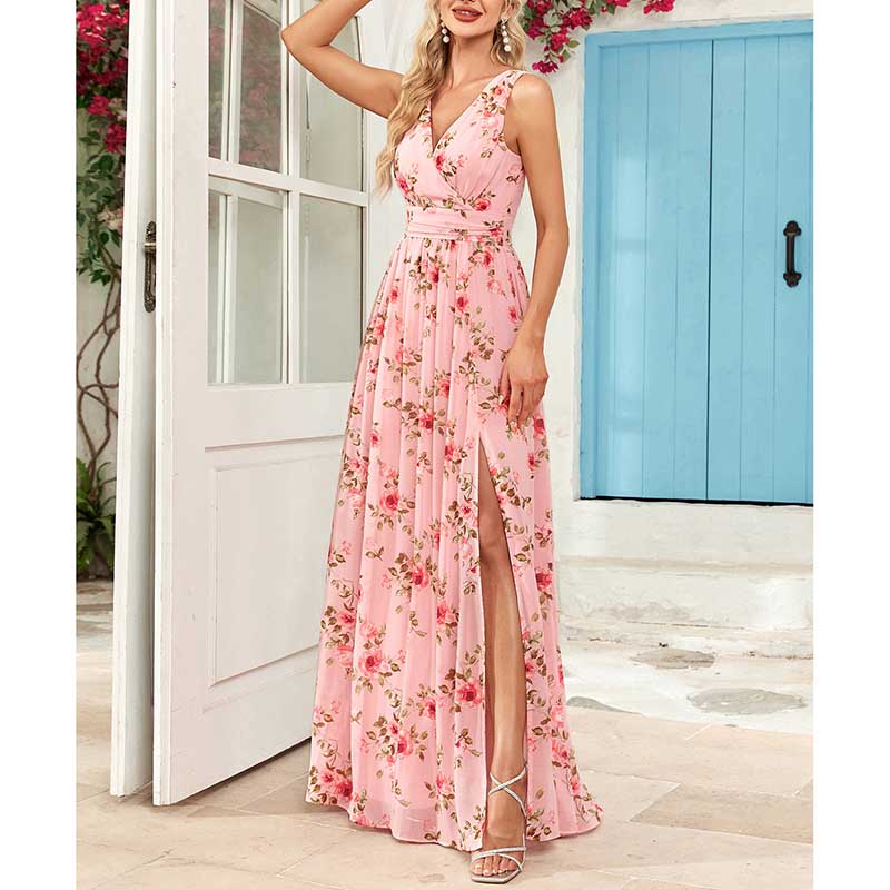 Floral Long Prom Dress High Split Pink Maxi Dress Chiffon A Line Dress