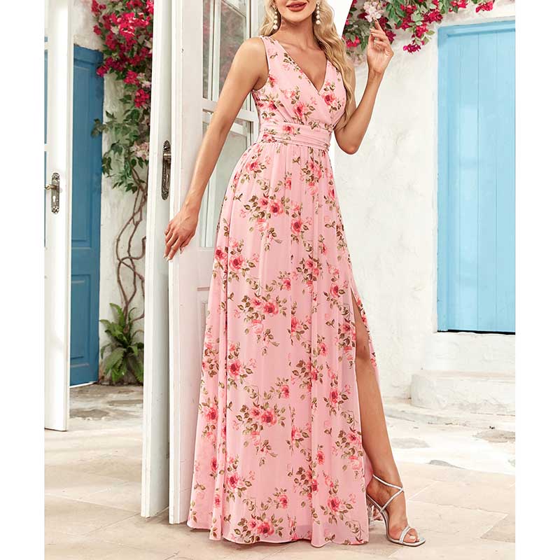 Floral Long Prom Dress High Split Pink Maxi Dress Chiffon A Line Dress