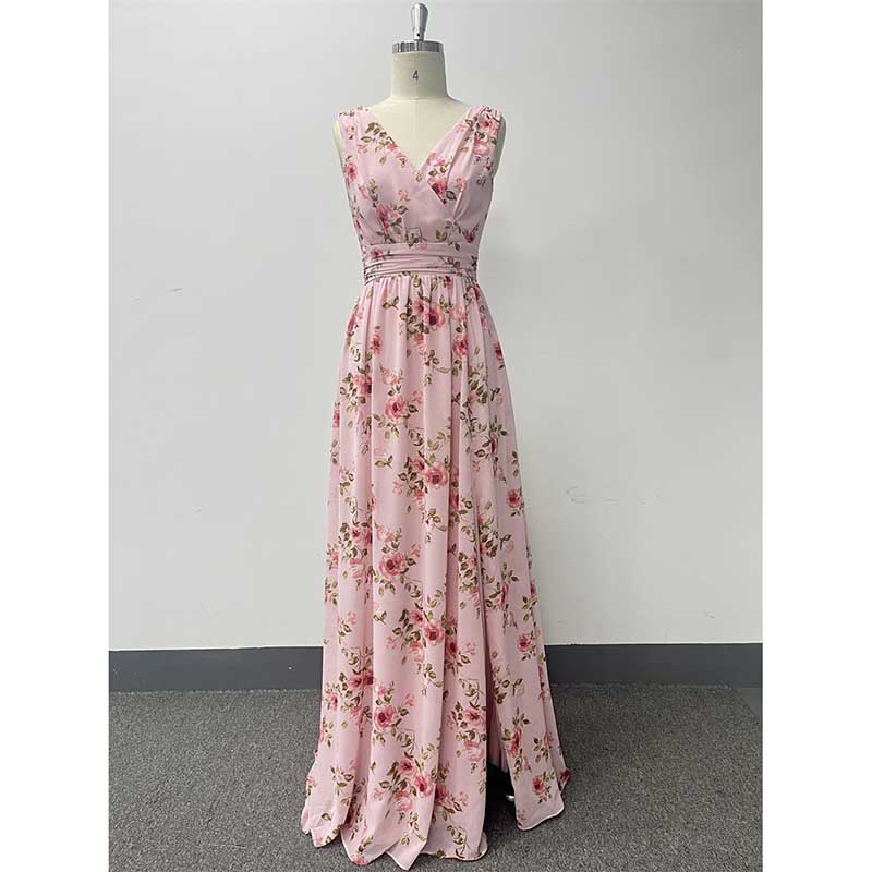 Floral Long Prom Dress High Split Pink Maxi Dress Chiffon A Line Dress