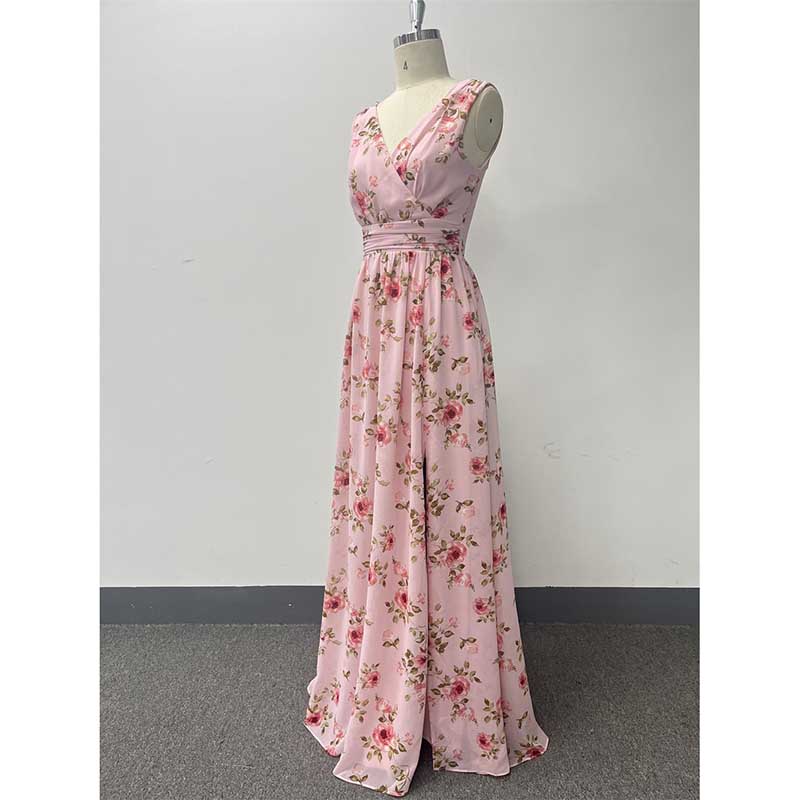 Floral Long Prom Dress High Split Pink Maxi Dress Chiffon A Line Dress