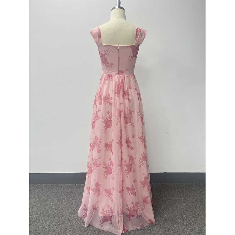 Floral Long Prom Dress Square Neck Pink Maxi Dress Chiffon A Line Dress