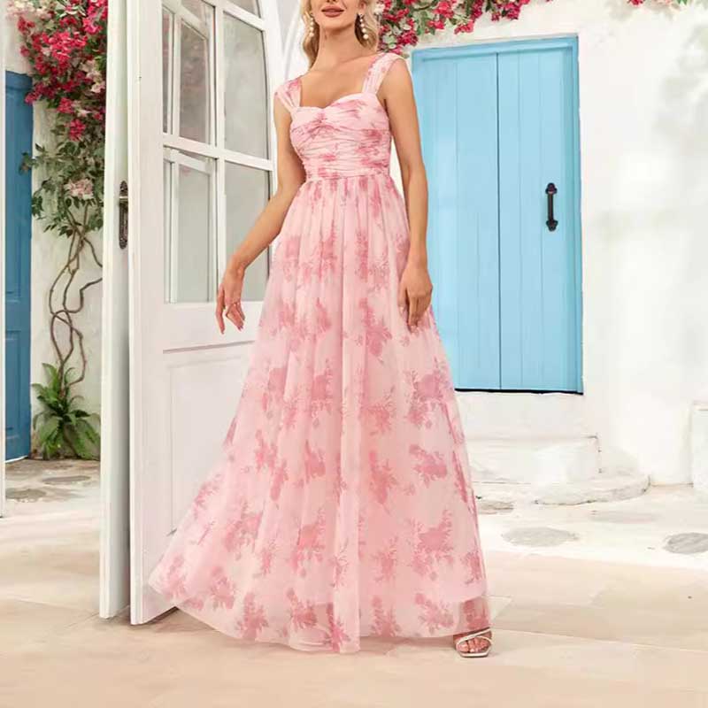 Floral Long Prom Dress Square Neck Pink Maxi Dress Chiffon A Line Dress