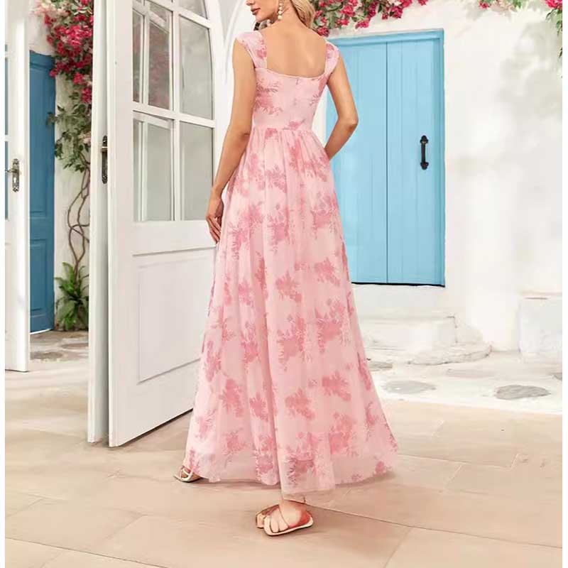 Floral Long Prom Dress Square Neck Pink Maxi Dress Chiffon A Line Dress
