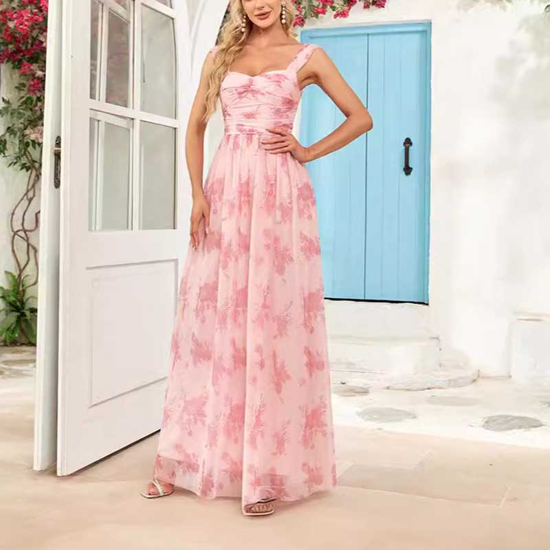 Floral Long Prom Dress Square Neck Pink Maxi Dress Chiffon A Line Dress