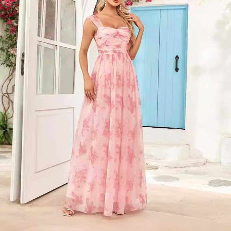 Floral Long Prom Dress Square Neck Pink Maxi Dress Chiffon A Line Dress