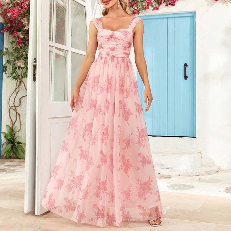 Floral Long Prom Dress Square Neck Pink Maxi Dress Chiffon A Line Dress