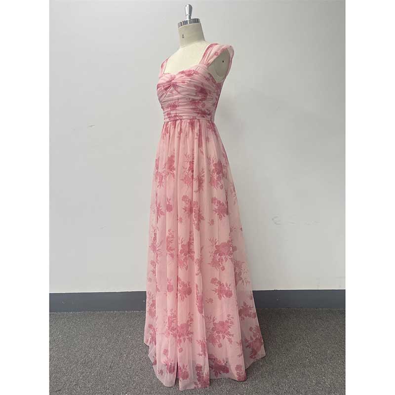 Floral Long Prom Dress Square Neck Pink Maxi Dress Chiffon A Line Dress