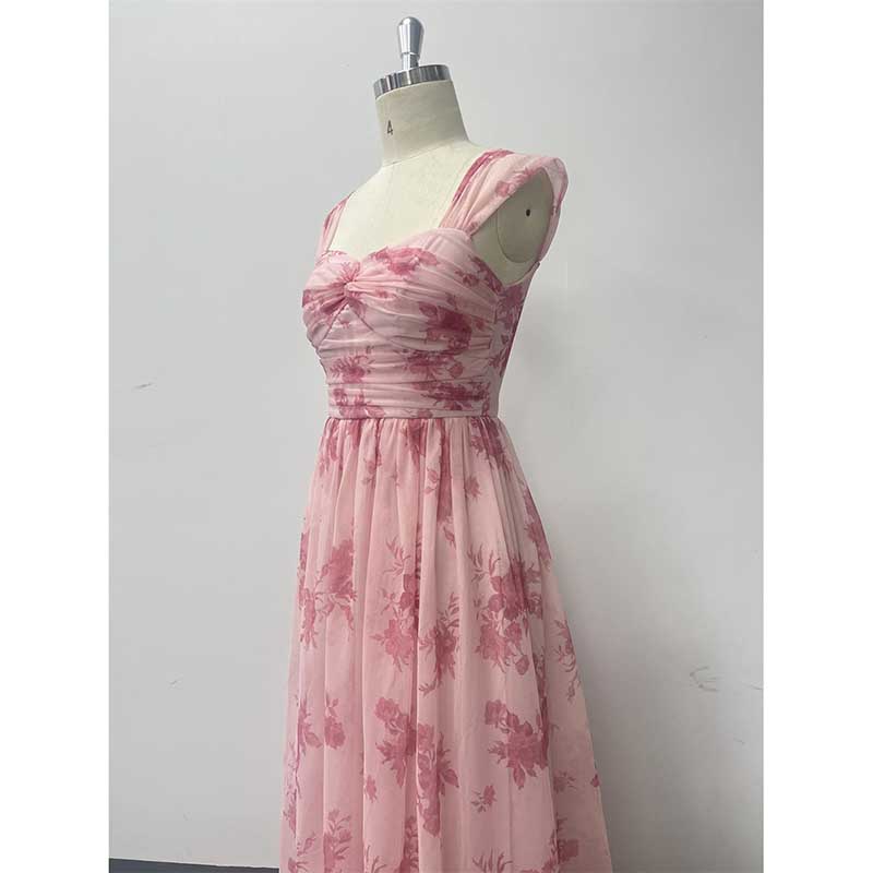 Floral Long Prom Dress Square Neck Pink Maxi Dress Chiffon A Line Dress