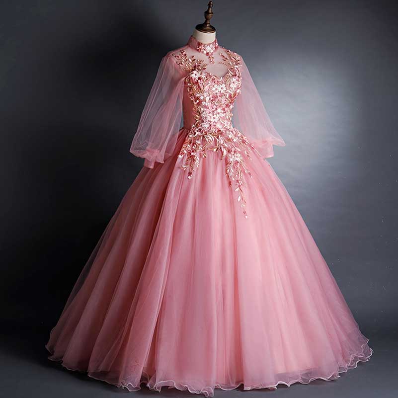 3/4 Sleeves Prom Dress Gown V-Neck Appliqued Quinceanera Dress