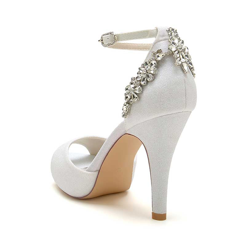 3.94" Glitter Pumps Ankle Strap Peep Platform Wedding Shoes With Rhinestones