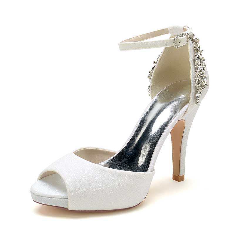 3.94" Glitter Pumps Ankle Strap Peep Platform Wedding Shoes With Rhinestones