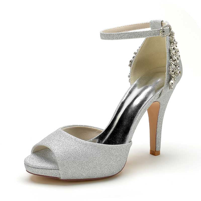 3.94" Glitter Pumps Ankle Strap Peep Platform Wedding Shoes With Rhinestones