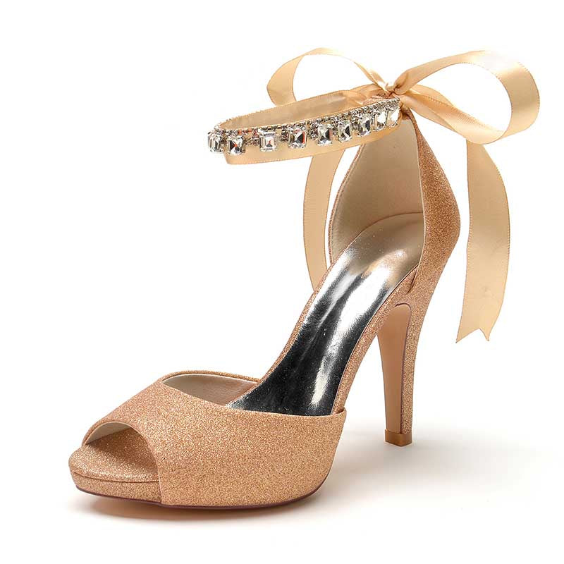 3.94" Glitter Pumps Lace-Up Peep Platform Wedding Shoes With Beads