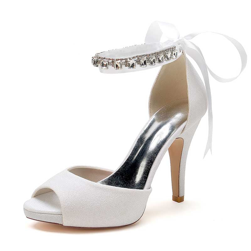 3.94" Glitter Pumps Lace-Up Peep Platform Wedding Shoes With Beads