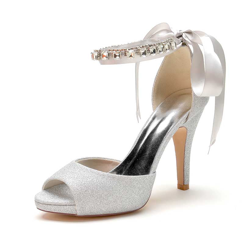 3.94" Glitter Pumps Lace-Up Peep Platform Wedding Shoes With Beads